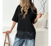 Maglietta da donna in misto cotone nero con elegante orlo in pizzo, maniche corte e collo rotondo, top casual per feste del tè estive, vestibilità rilassata, morbida e alla moda L,M,S,XL,XS,XXL,XXSCol