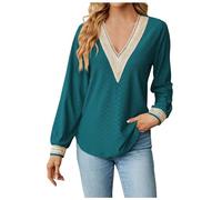 Maglietta da donna, in pizzo, a maniche lunghe, elegante, elegante, per autunno e inverno, in chiffon, con scollo a V, camicette, stile casual, stile slicing, confortevole, taglia grande