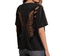 Maglietta da donna in pizzo, elegante, con schiena scoperta con pizzo, patchwork, slim fit, con ali di farfalla, casual, Y2K, design a rete, O nero., S