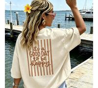 Maglietta da donna in tessuto lavorato a maglia con collo rotondo e maniche corte, top casual ampio con stampa "Good Day To Be Happy", top in cotone streetwear Y2K autunnale, per uscite L,M,S,XL,XXLLe