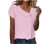Maglietta da donna in tinta unita con scollo a V, maniche corte a petali per un'eleganza elegante nella vita di tutti i giorni, Colore: rosa., L
