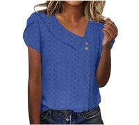 Maglietta da donna in tinta unita con scollo a V, maniche corte a petali per un'eleganza elegante nella vita di tutti i giorni, Blu, XL