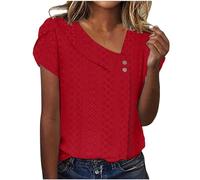 Maglietta da donna in tinta unita con scollo a V, maniche corte a petali per un'eleganza elegante nella vita di tutti i giorni, Colore: rosso, M