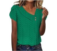 Maglietta da donna in tinta unita con scollo a V, maniche corte a petali per un'eleganza elegante nella vita di tutti i giorni, verde, M