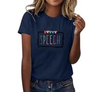 Maglietta da donna in tinta unita con scollo rotondo, maniche corte T Shirt Batik, Blu marino, XL