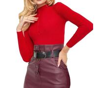 Maglietta da donna in tinta unita, da donna, per autunno/inverno, a strisce calde, tinta unita, con maniche lunghe, base con bottoni, vestiti autunnali per la vita quotidiana, regali di Natale, Rosso