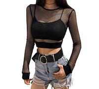 Maglietta da donna in tulle, a maniche lunghe, trasparente, nera, a maniche lunghe, in pizzo, ad alta elasticità, slim fit, in rete, sexy, a tunica, casual, per clubwear, Nero , Taglia unica