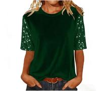 Maglietta da donna in velluto dorato, elegante paillettes, mezza manica, casual, girocollo, camicetta, tinta unita, glitterata, morbida, basic, comoda, a maniche corte, verde, M