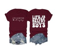 Maglietta da donna "Life is Better with My Boys", con stampa a lettere, per ragazzi, mamma, simpatica maglietta grafica, casual, a maniche corte, top giallo, Vino, XL