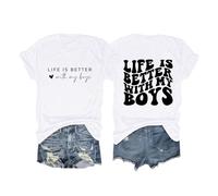 Maglietta da donna "Life is Better with My Boys", con stampa a lettere, per ragazzi, mamma, simpatica maglietta grafica, casual, a maniche corte, top giallo, bianco, L