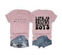 Maglietta da donna "Life is Better with My Boys", con stampa a lettere, per ragazzi, mamma, simpatica maglietta grafica, casual, a maniche corte, top giallo, Colore: rosa., XL