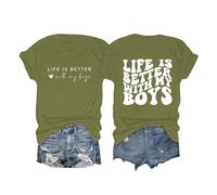 Maglietta da donna "Life is Better with My Boys", con stampa a lettere, per ragazzi, mamma, simpatica maglietta grafica, casual, a maniche corte, top giallo, verde, S