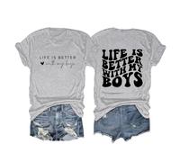 Maglietta da donna "Life is Better with My Boys", con stampa a lettere, per ragazzi, mamma, simpatica maglietta grafica, casual, a maniche corte, top giallo, grigio., XL
