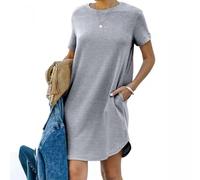 Maglietta da donna, lunghezza al ginocchio, abito estivo da donna, corto, scollo rotondo, a maniche corte, in cotone, tinta unita, confortevole, abito da ballo, casual, per il tempo libero