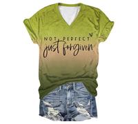Maglietta da donna "Not Perfect Just Forgiven" con gradiente di colore, stampa lettere a maniche corte, scollo a V, costume da ragazza, giallo., XXL