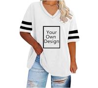 Maglietta da donna, oversize, a righe, patchwork, con scollo a V, a maniche corte, con testo/immagine, personalizzata, per feste, Natale, Halloween, bianco, S