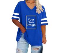 Maglietta da donna, oversize, a righe, patchwork, con scollo a V, a maniche corte, con testo/immagine, personalizzata, per feste, Natale, Halloween, Blu, XXL