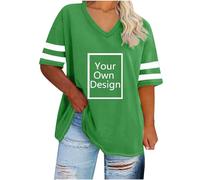 Maglietta da donna, oversize, a righe, patchwork, con scollo a V, a maniche corte, con testo/immagine, personalizzata, per feste, Natale, Halloween, verde, M