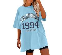Maglietta da donna oversize, alla moda, scollo rotondo, a maniche corte, estiva, con stampa su streetwear, maglietta sportiva per adolescenti, ragazze, tunica lunga da donna, Azzurro, M