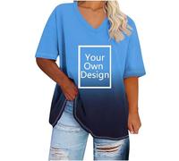 Maglietta da donna, oversize, con gradiente di colore, con scollo a V, a maniche corte, con testo/immagine sul davanti, personalizzata per feste, Natale, Halloween, Blu, XXL