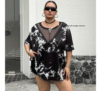 Maglietta da donna oversize in stile tie-dye, con stampa in rete, patchwork, borchie, cinturini personalizzati, scollo a goccia, maniche corte, elegante, sexy, stile street, hip hop, rock 5XL,6XL,7XL,