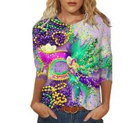 Maglietta da donna per Carnevale con tre maniche a quarti, maglietta grafica, maglietta di Carnevale, top a rete, Azzurro, L