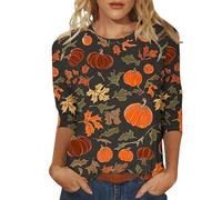 Maglietta da donna per Halloween, a maniche 3/4, per festival, horror, divertente, per Halloween, villaggio, grafica, a tre quarti, leggera, comoda, per il tempo libero, grigio., L