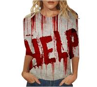 Maglietta da donna per Halloween, casual, slim fit, motivo schizzi di sangue, maglietta girocollo con stampa sanguinosa, leggera, comoda, estiva, a maniche corte, D nero, L