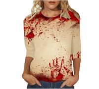 Maglietta da donna per Halloween, casual, slim fit, motivo schizzi di sangue, maglietta girocollo con stampa sanguinosa, leggera, comoda, estiva, a maniche corte, vino D., XXL