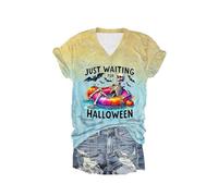Maglietta da donna per Halloween, con scollo a V, con schizzi di sangue, top femminile, a maniche corte, con orrore, impronte sanguinose, stampa a lettera, abbigliamento da strada, B giallo chiaro, L