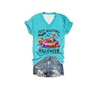 Maglietta da donna per Halloween, con scollo a V, con schizzi di sangue, top femminile, a maniche corte, con orrore, impronte sanguinose, stampa a lettera, abbigliamento da strada, A blu cielo., L