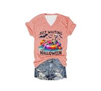 Maglietta da donna per Halloween, con scollo a V, con schizzi di sangue, top femminile, a maniche corte, con orrore, impronte sanguinose, stampa a lettera, abbigliamento da strada, A oro., L