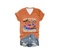 Maglietta da donna per Halloween, con scollo a V, con schizzi di sangue, top femminile, a maniche corte, con orrore, impronte sanguinose, stampa a lettera, abbigliamento da strada, A arancione., L