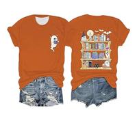 Maglietta da donna per Halloween con spirito di lettura, divertente top con motivo di libreria sulla schiena, maglietta per gli amanti dei libri nel periodo spaventoso, Stil_r01 arancione, L