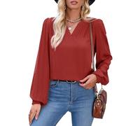 Maglietta da donna plissettata con scollo a V a maniche lunghe a sbuffo, casual, camicetta da lavoro, Rosso, XL