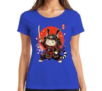 Maglietta da donna Samurai Gatto Giappone Katana Ninja Guerriero Y2K, Blu, M
