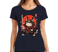 Maglietta da donna Samurai Gatto Giappone Katana Ninja Guerriero Y2K, blu navy, L