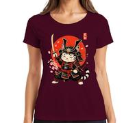 Maglietta da donna Samurai Gatto Giappone Katana Ninja Guerriero Y2K, bordeaux, 3XL