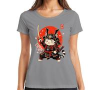 Maglietta da donna Samurai Gatto Giappone Katana Ninja Guerriero Y2K, grigio., L