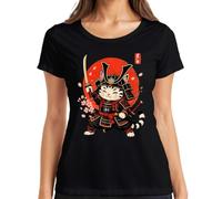 Maglietta da donna Samurai Gatto Giappone Katana Ninja Guerriero Y2K, Nero , 3XL