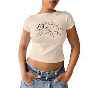 Maglietta da donna senza pancia con stampa ironica - Crop top aderente in stile Y2K | Maglietta a maniche corte con grafica stickman, Stil_A01 Beige, L