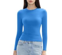Maglietta da donna slim a maniche lunghe, girocollo, basic, tinta unita, aderente, slim fit, corta, per allenamento yoga, Blu, L