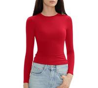 Maglietta da donna slim a maniche lunghe, girocollo, basic, tinta unita, aderente, slim fit, corta, per allenamento yoga, Colore: rosso, S