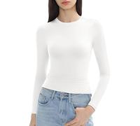 Maglietta da donna slim a maniche lunghe, girocollo, basic, tinta unita, aderente, slim fit, corta, per allenamento yoga, bianco, M