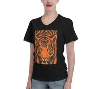 Maglietta da donna slim fit a maniche corte con scollo a V, in morbido cotone, motivo a righe tigrate arancioni - Camicetta casual da donna con scollo rotondo, Tigre arancione leopardo, L