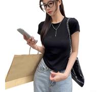 Maglietta da donna slim fit, a maniche corte, stile coreano, girocollo, tinta unita, top estivo basic, taglie dalla S alla XL (nero, S)