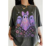 Maglietta da donna taglia comoda con stampa fantasma e floreale per Ognissanti, casual a girocollo con maniche corte, abbigliamento autunnale da donna per il ritorno a scuola, Nightmare Before Christm