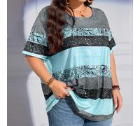 Maglietta da donna taglie comode/San Valentino/Plus Size con strisce glitterate e stampe, motivo completo, adatta per l'estate, San Valentino, rose, cuori, pois, amore, labbra, cupido, fiori 3D 5XL,6X