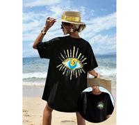 Maglietta da donna taglie forti con motivo a occhio nero, collo rotondo e maniche corte, stile alla moda 0XL,1XL,2XL,3XL,4XLGeometricoTessuto