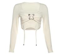 Maglietta da donna Tie Up Y2k Tee Vintage O Neck Primavera Autunno Maniche Lunghe Crop Top Autunno, Beige, S